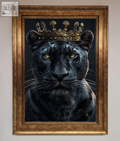 A king panther framed wall art features a regal black panther with golden eyes and an ornate gold crown in an antique frame
