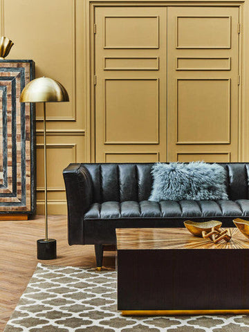 King Three Seater Black Leather Sofa With Flared Arms