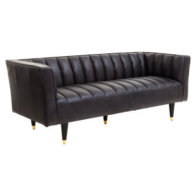 King Three Seater Black Leather Sofa With Flared Arms