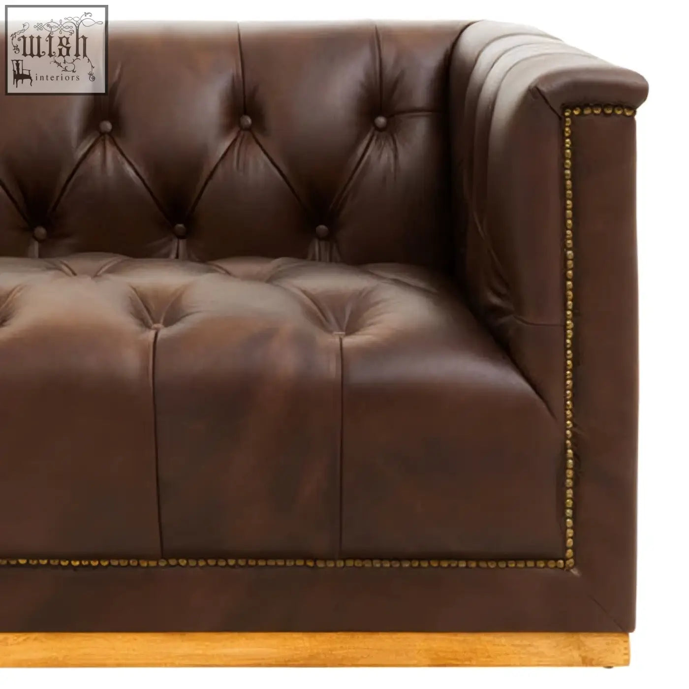 King three seater modern chesterfield sofa in dark brown features genuine leather and brass nailhead trim tufted design