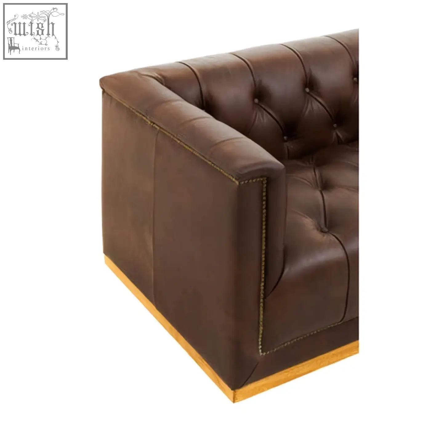 King three seater chesterfield sofa in dark brown features genuine leather with a stylish gold tone base
