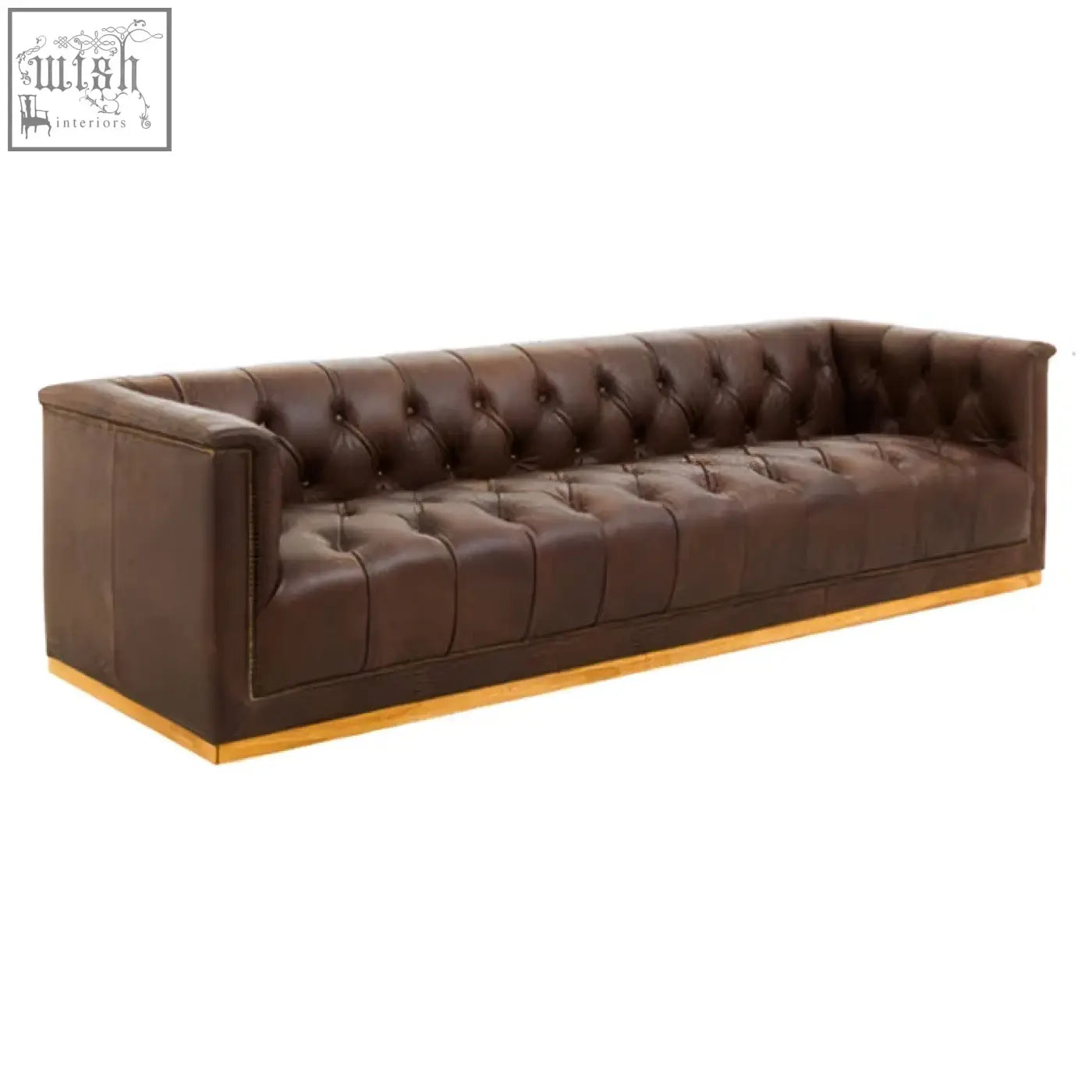 King three seater modern chesterfield sofa in dark brown featuring genuine leather and a gold-tone base