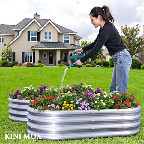 Silver galvanized kini mox raised garden bed 4x2x1 ft with colorful flowers for vegetables and herbs outdoors
