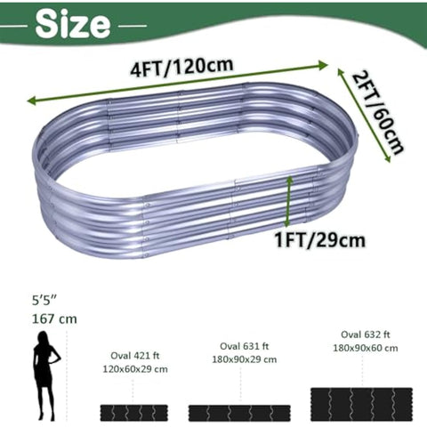 Silver oval raised garden bed made of corrugated metal kini mox 4x2x1 ft galvanized outdoor planter box