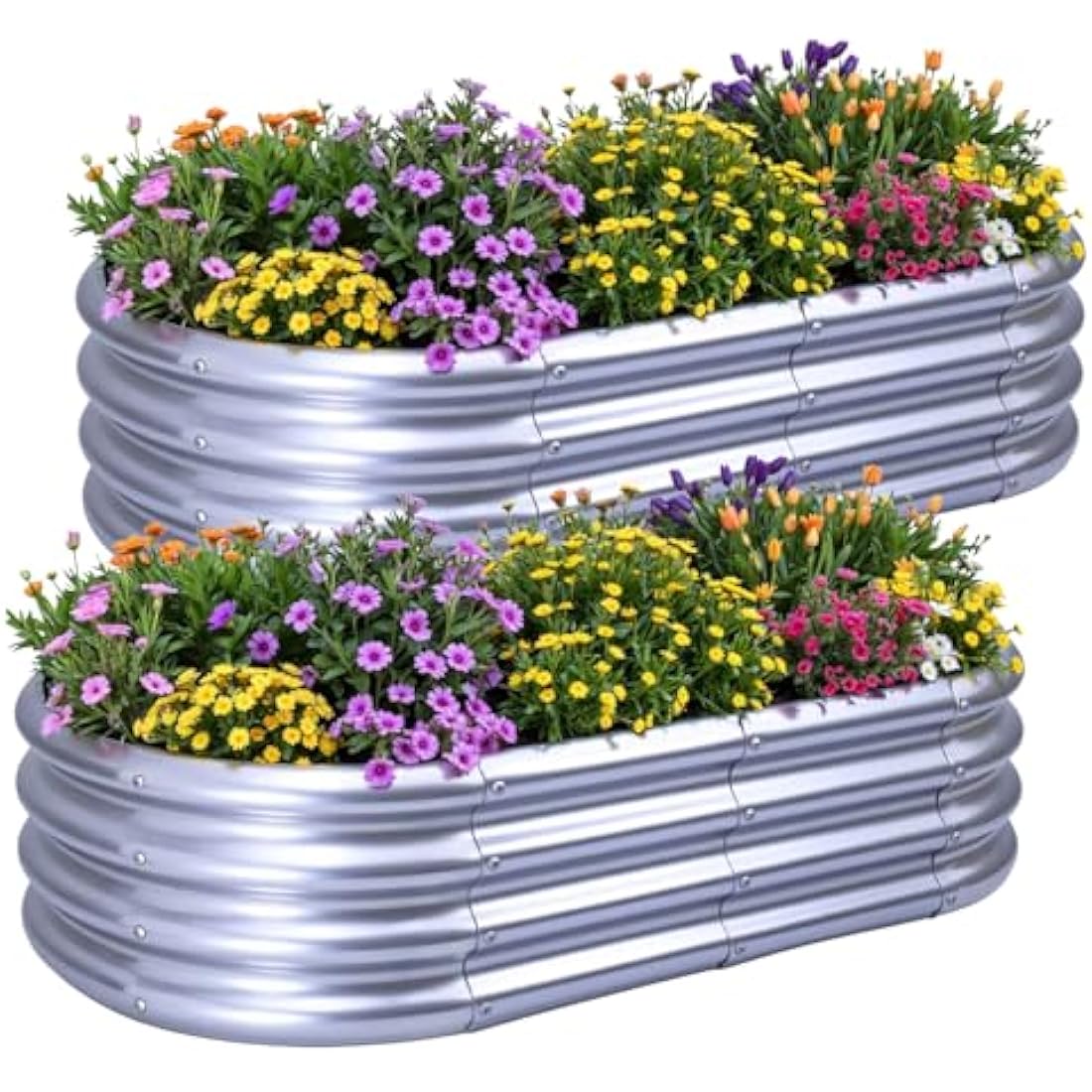 Silver galvanized kini mox raised garden bed filled with colorful flowers perfect for outdoor planting