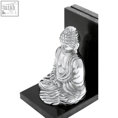 Silver buddha figurine bookend with nickel finish and intricate detailing on black marble base from kinsley set of 2