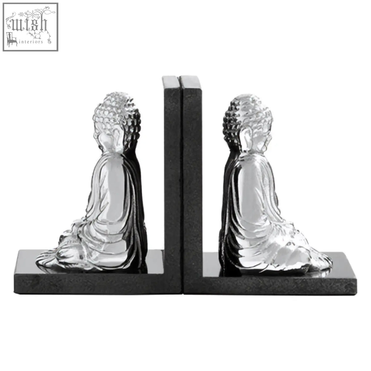 Silver buddha-themed bookends with polished nickel finish and black marble base for stylish shelf decor