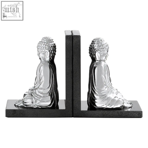 Silver buddha-themed bookends with polished nickel finish and black marble base for stylish shelf decor