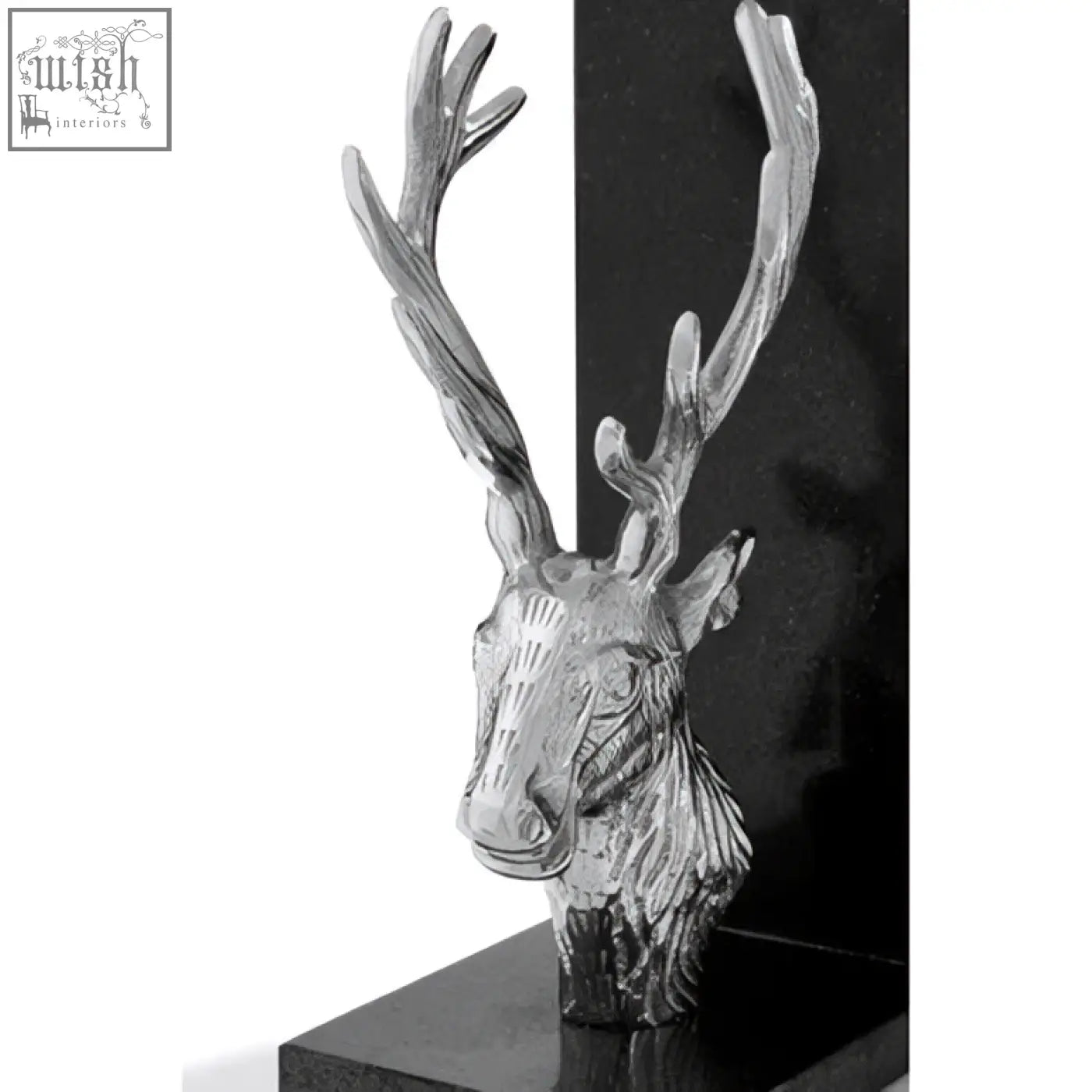 Silver deer head stag bookends with detailed antlers and textured surface on black marble bases for stylish decor