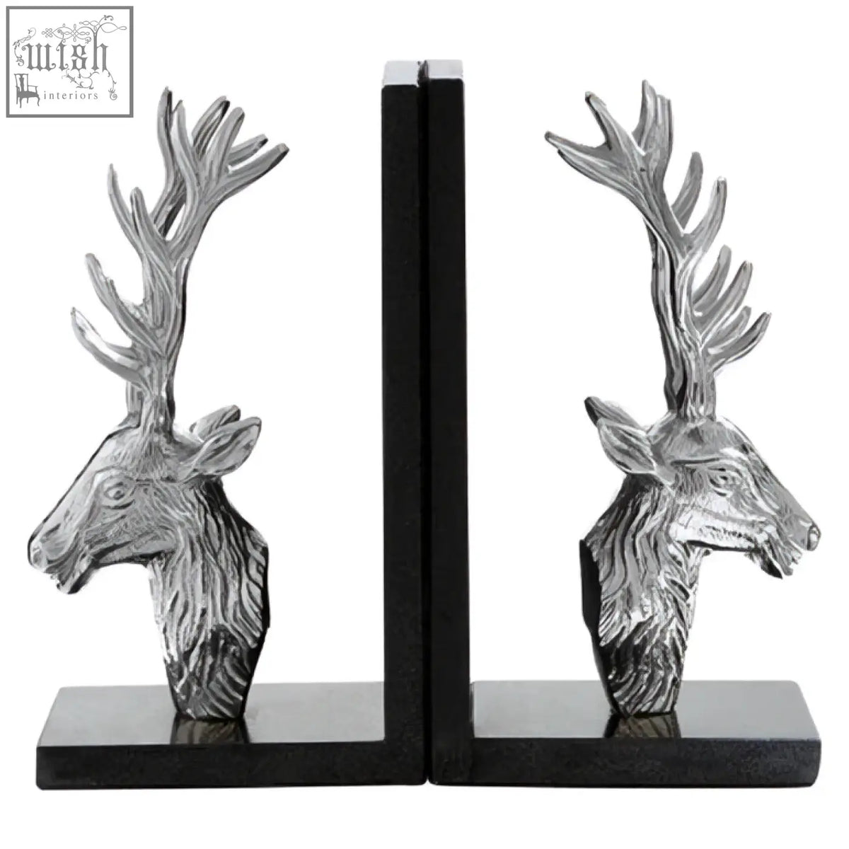 Silver stag bookends with black marble bases perfect for stylishly holding books in place