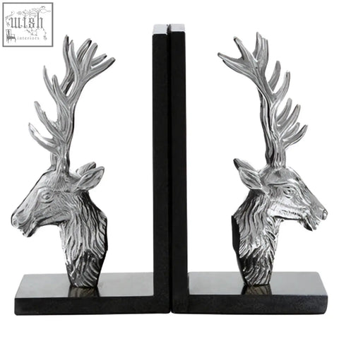 Silver stag bookends with black marble bases perfect for stylishly holding books in place