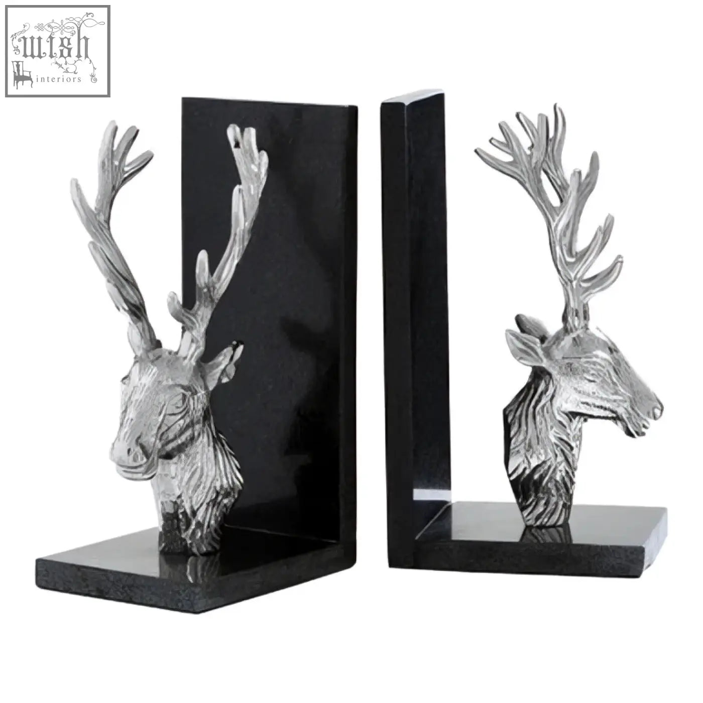 Silver stag bookends with black marble bases perfect for stylish bookshelf decoration and support
