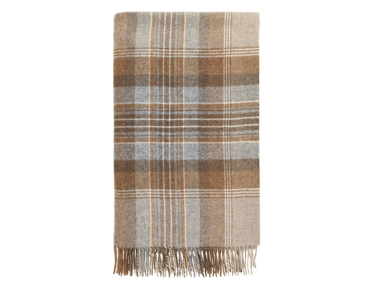 Kintyre shetland pure new wool throw in natural earth tones with a soft plaid pattern and delicate fringe