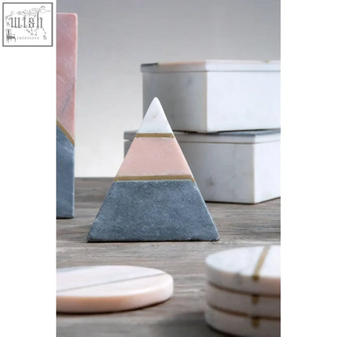 Triangular marble coaster with soft pink white and gray-blue layers perfect for the kira small square trinket box