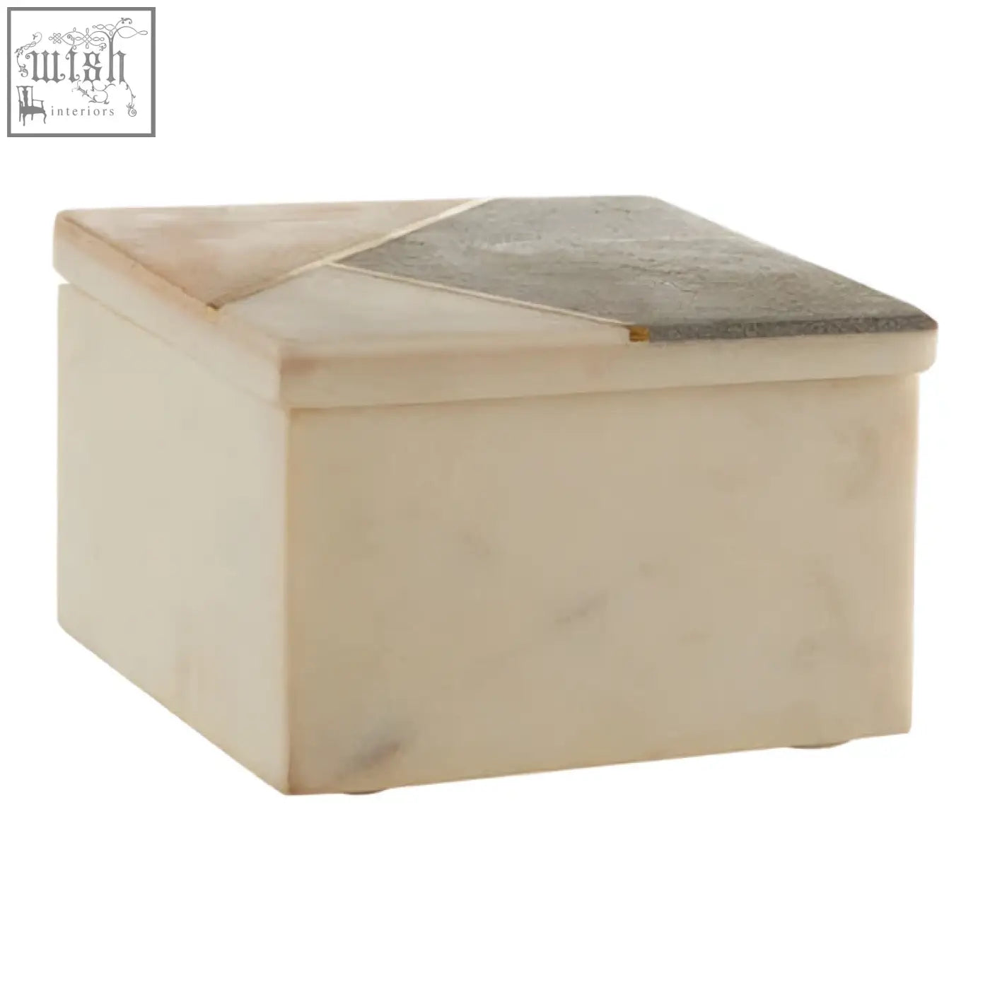 Cream-colored marble kira small square trinket box with a geometric gray and beige patterned lid