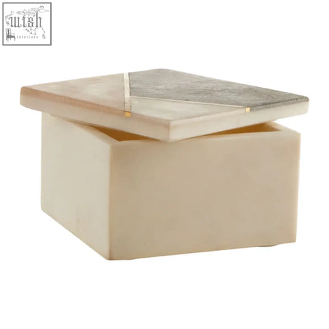 Cream-colored kira small square trinket box with hinged lid, subtle translucent pattern, and metallic accents