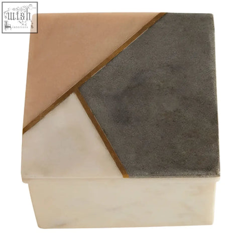 A kira small square trinket box made of marble with peach gray and white geometric stone design