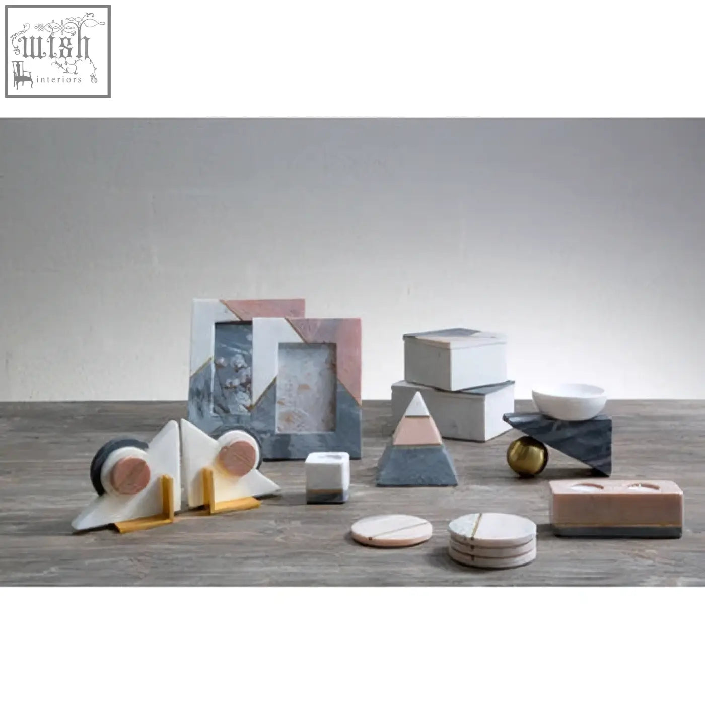 Small tri colour marble coasters in pink gray and white with geometric design for stylish home use