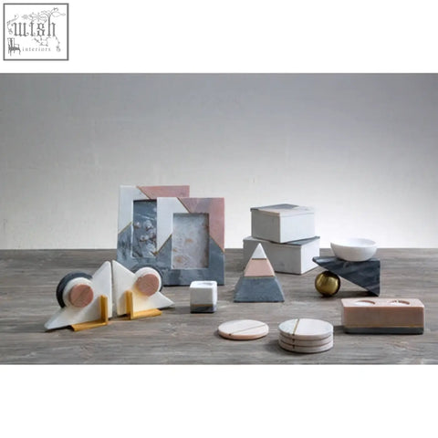 Small tri colour marble coasters in pink gray and white with geometric design for stylish home use