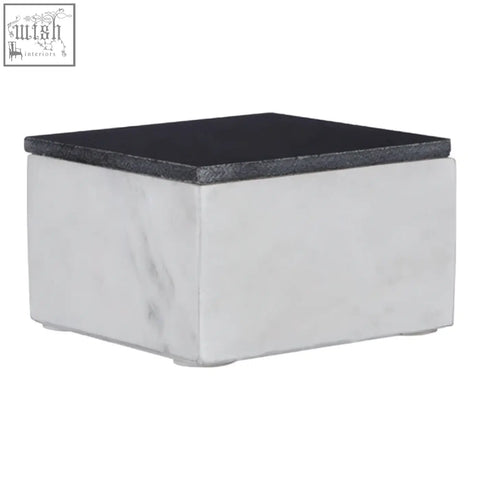 Kira small trinket box in white marble with a black textured lid perfect for storing jewelry and keepsakes