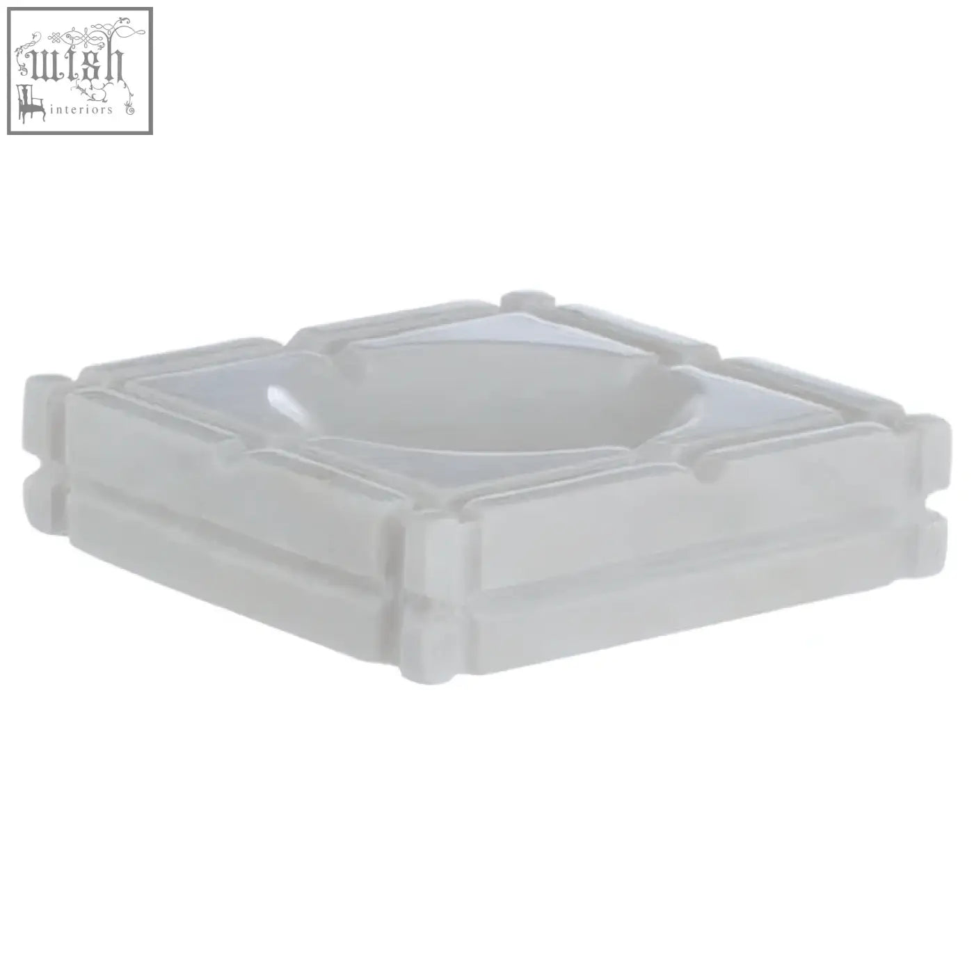 Kira white marble ashtray is a white plastic square ashtray with raised edges resembling a marble ashtray design