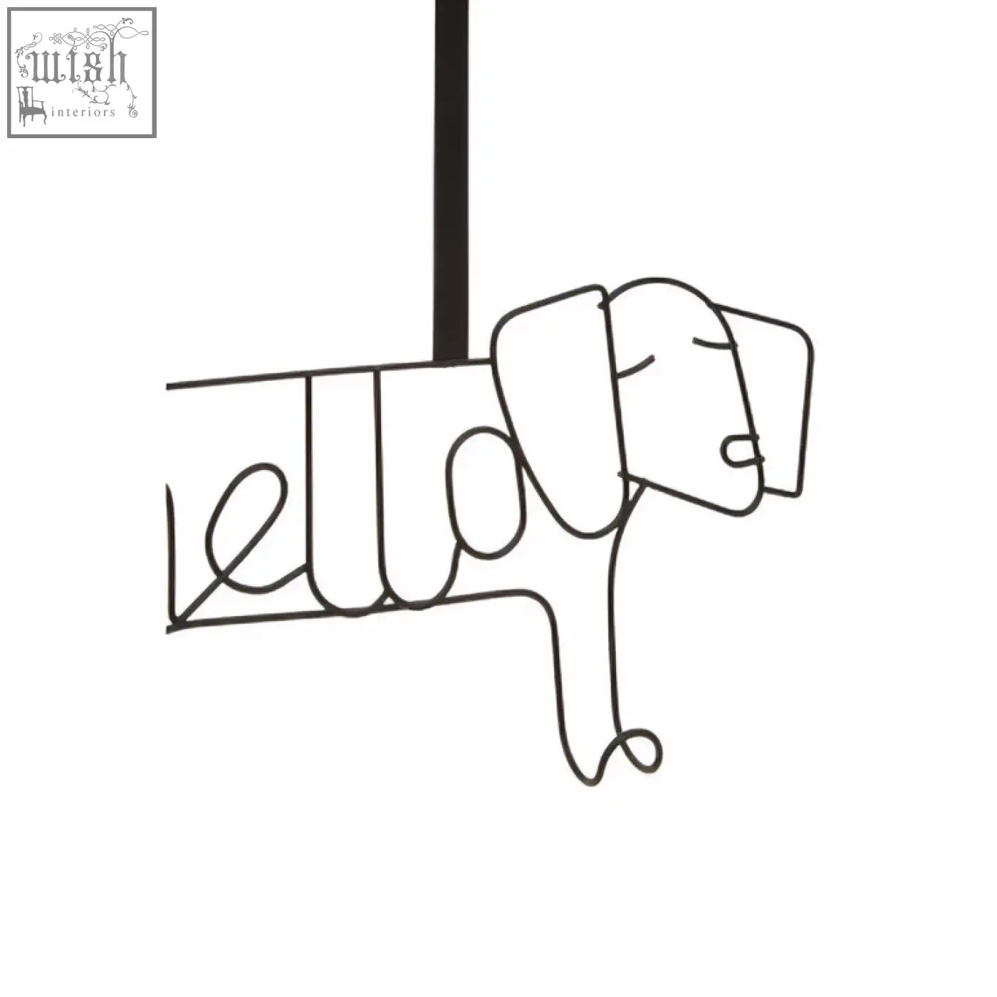 Minimalist black line drawing of a sausage dog with hello word integrated on kirby black dog hanger