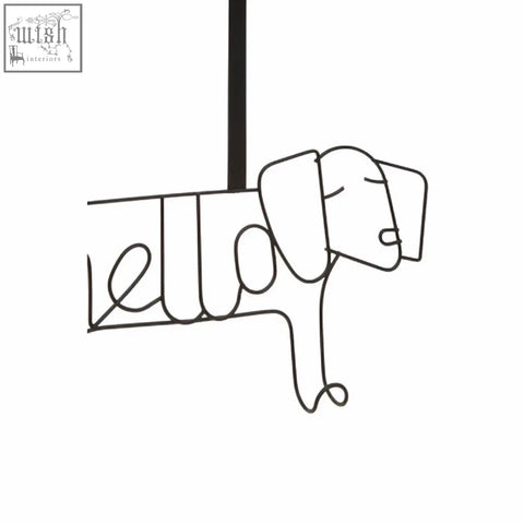 Minimalist black line drawing of a sausage dog with hello word integrated on kirby black dog hanger