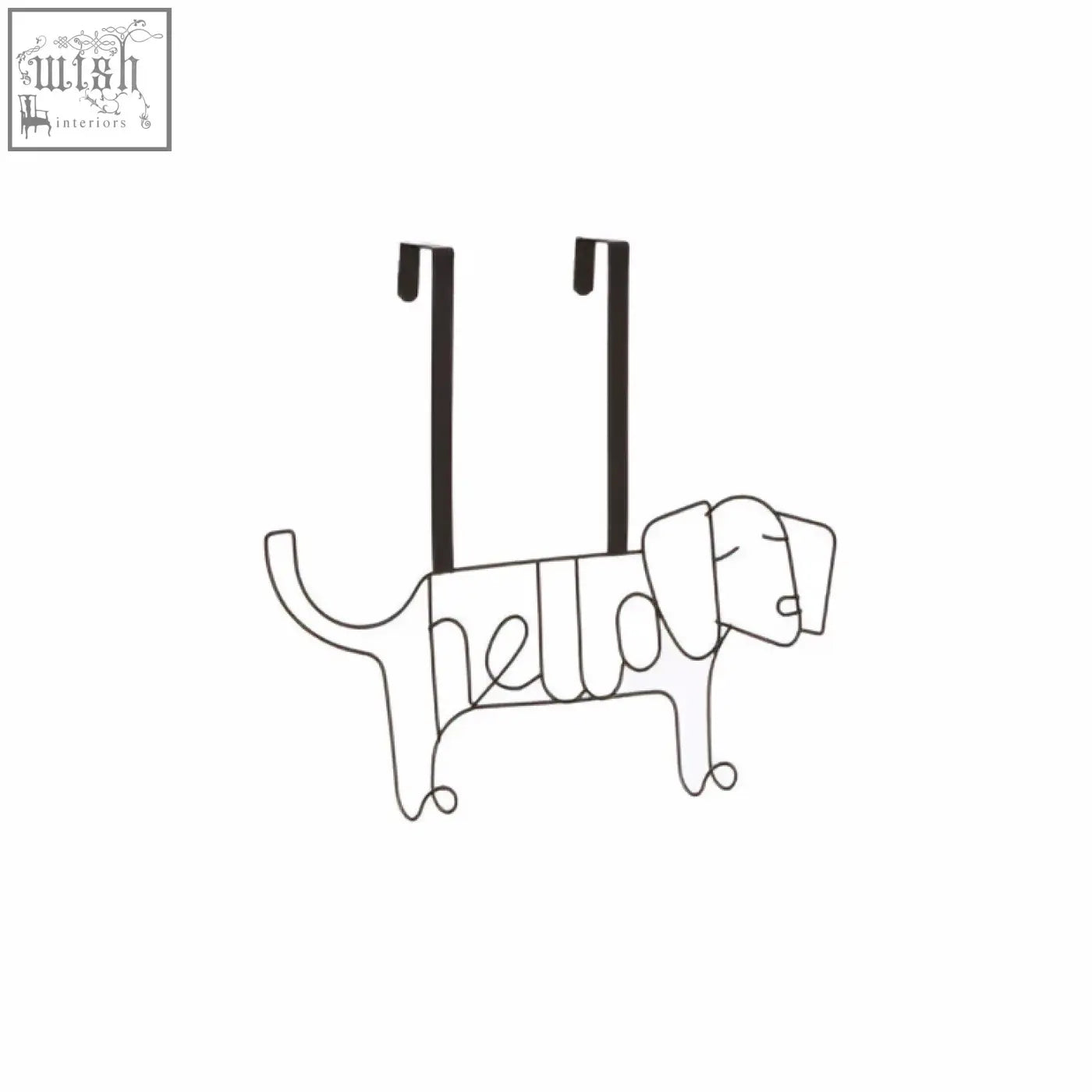 Black wire kirby black sausage dog hanger featuring hello lettering along its body for hanging items