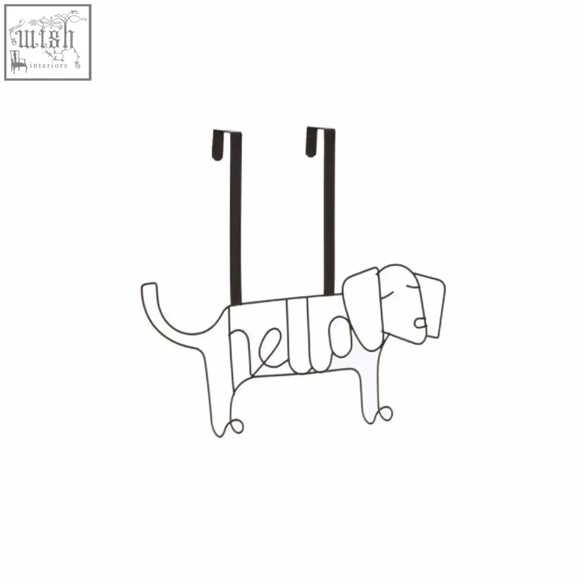 Black wire kirby black sausage dog hanger featuring hello lettering along its body for hanging items