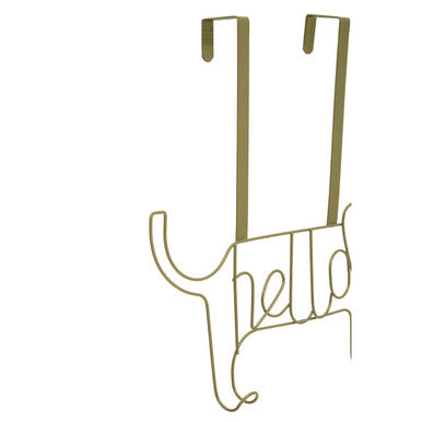 Kirby gold finish sausage dog hanger with a gold metal door hook spelling hello in cursive script