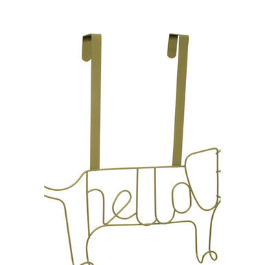 Kirby gold sausage dog hanger in gold wire with hello text perfect as a fun dog hanger for doors