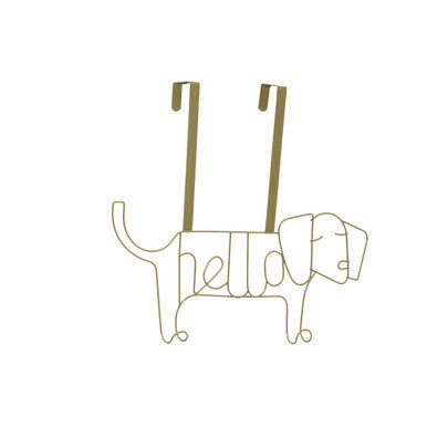 Kirby gold finish sausage dog hanger with minimalist wire design and hello word in sleek metallic dog hanger style