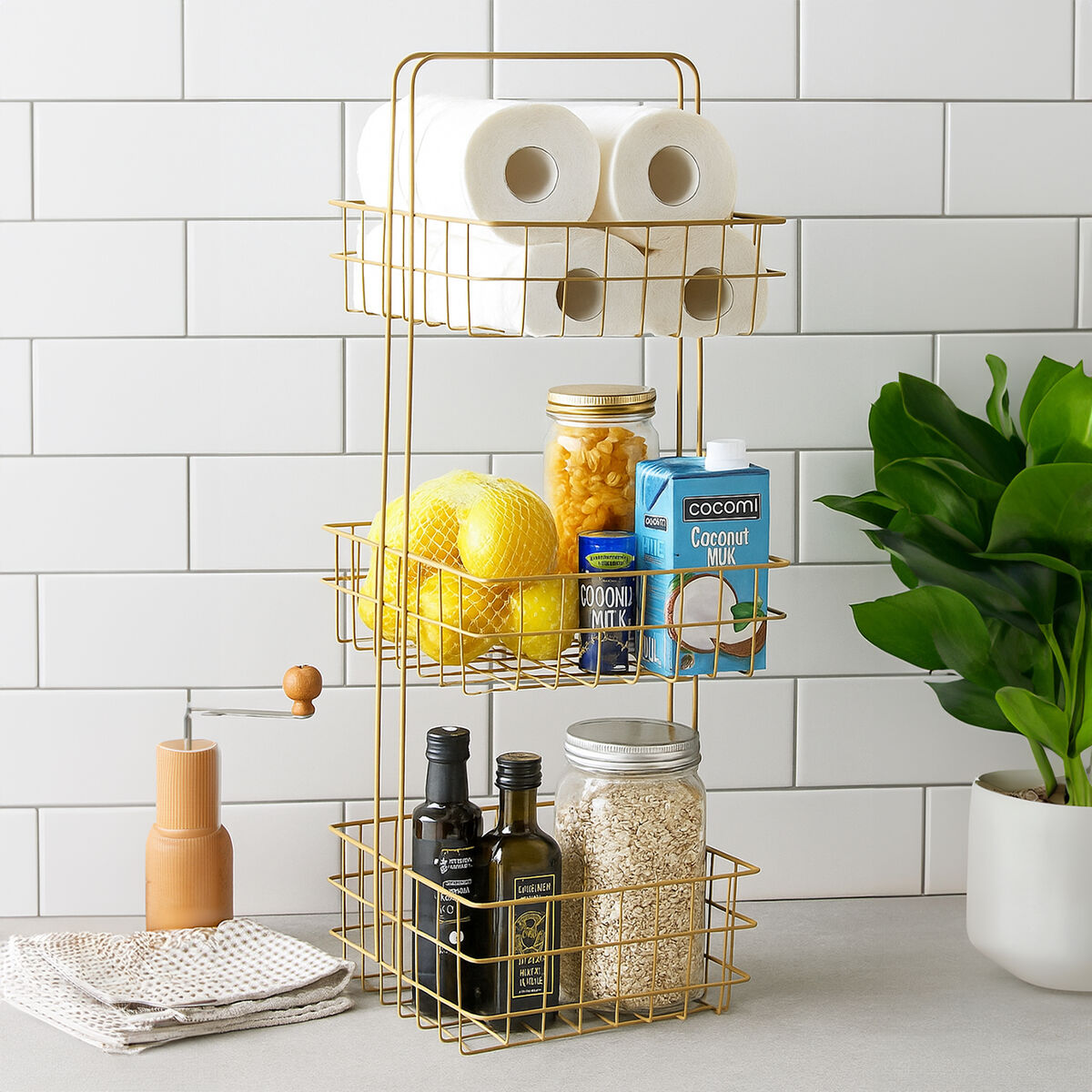 Kirby three tier kitchen storage caddy with gold finish wire design for organizing countertop essentials