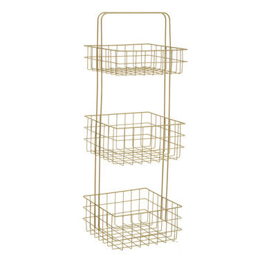 Kirby three tier gold finish storage caddy with gold-toned wire and rectangular mesh baskets for bathroom storage