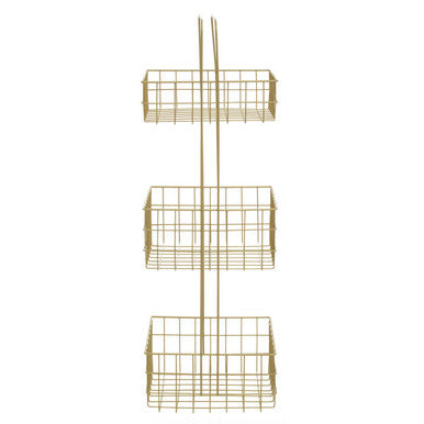 Kirby three tier gold finish storage caddy with three rectangular wire baskets for organized storage