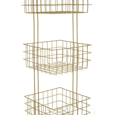 Kirby three tier gold finish storage caddy with gold colored wire shelving and three stacked rectangular baskets