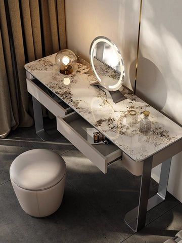 Modern kirsten dressing table with white marble top gray veining silver metal frame and integrated led mirror