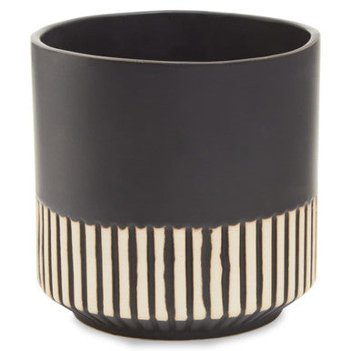 Black ceramic planter with cream vertical stripes near the base kiso large ceramic planter perfect for indoor use