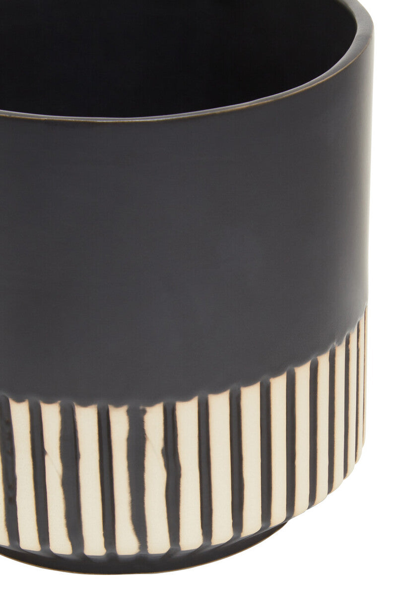 Black large ceramic planter with textured cream vertical stripes base kiso large ceramic planter