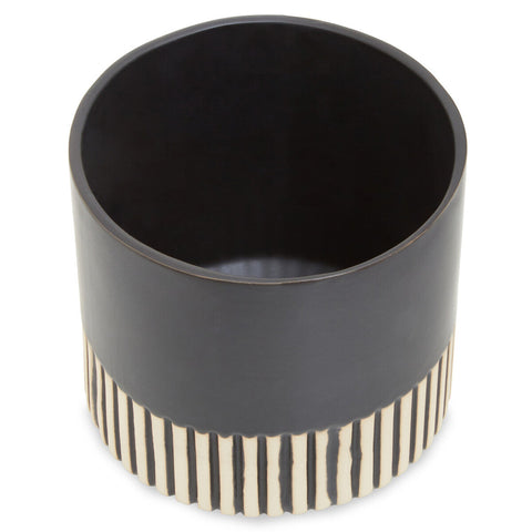 Black large ceramic planter with cream and black ribbed textured base perfect for indoor plants