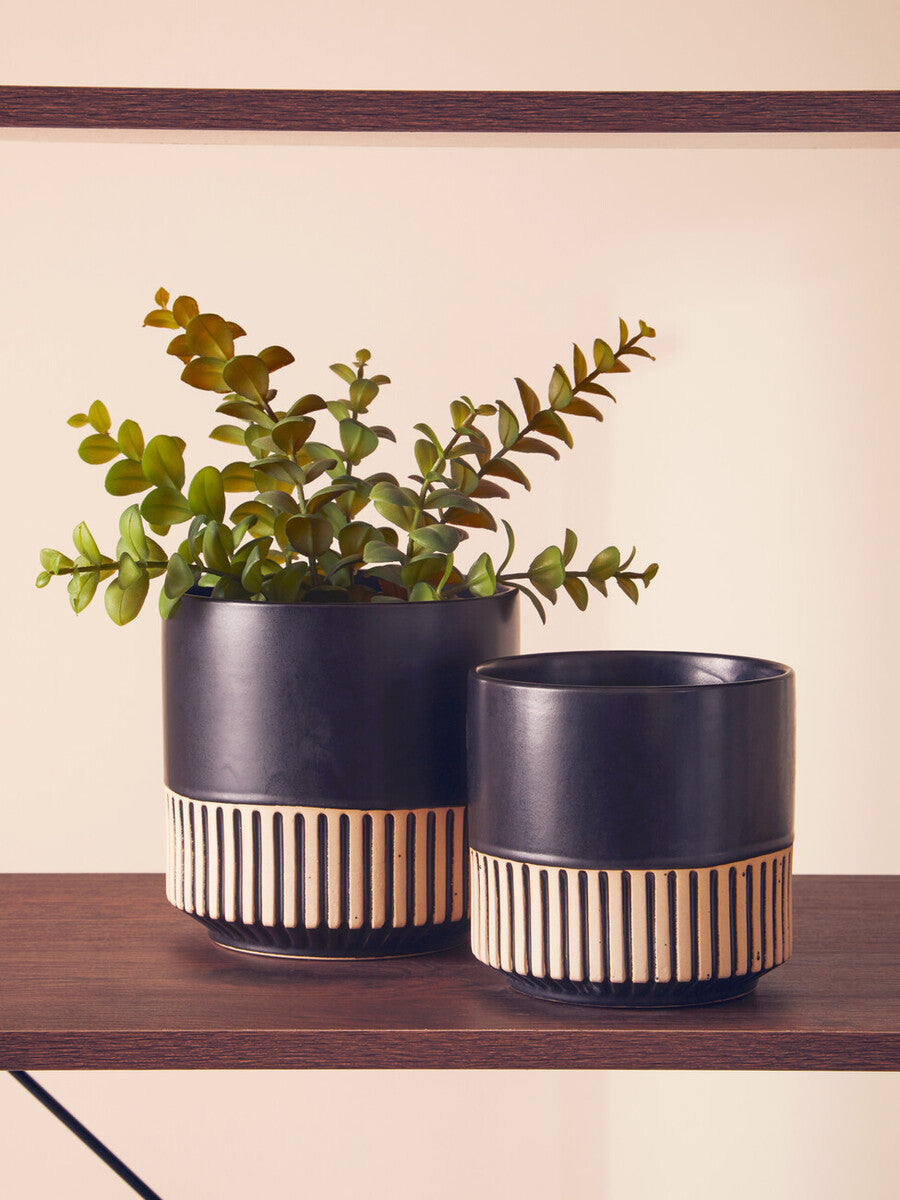 Two matte black large ceramic planters with beige stripes holding green plants on a wooden shelf for indoor use