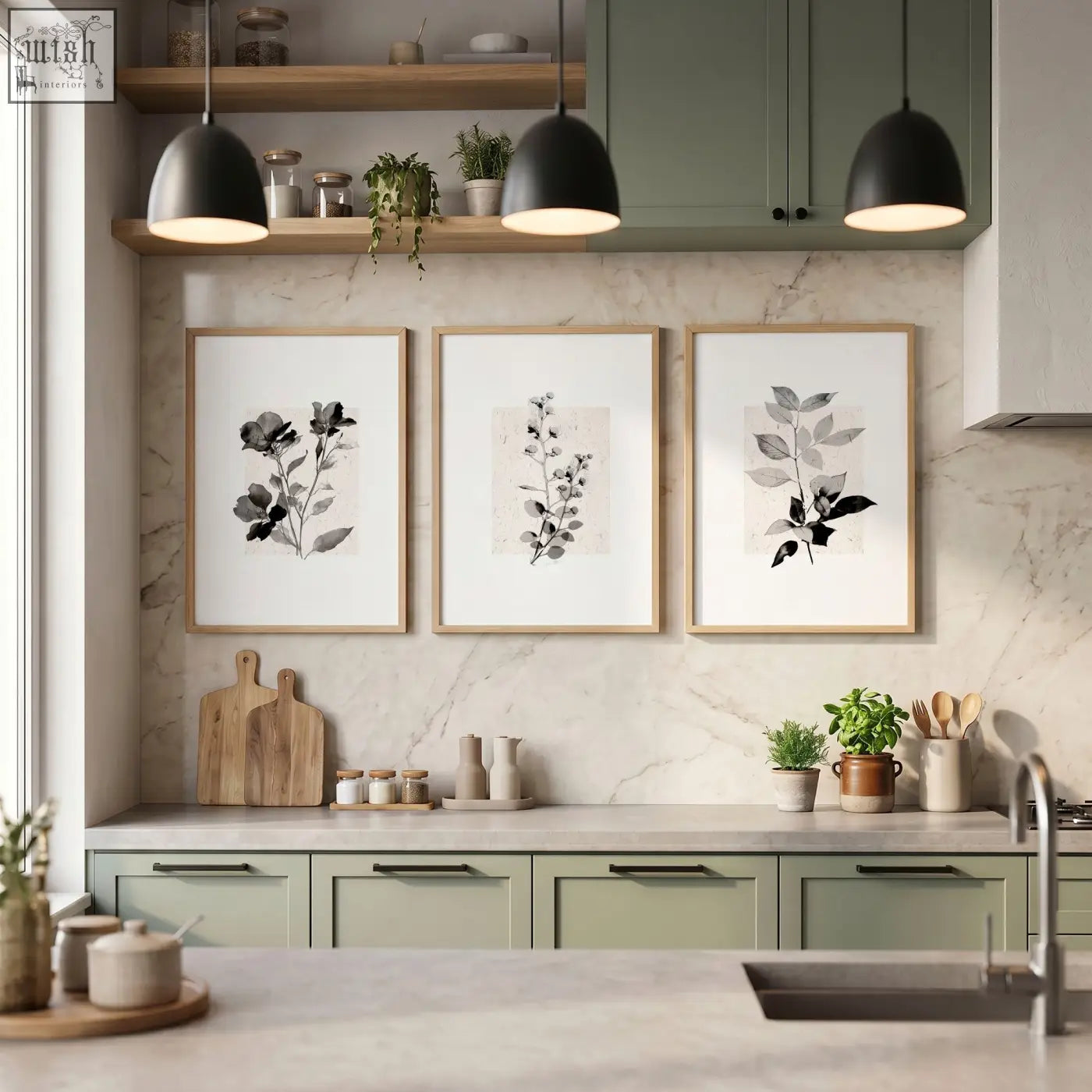 Three light wood framed black and white floral prints perfect for kitchen art wall and art wall decor set of 3
