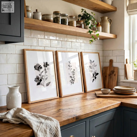 Three framed botanical prints in black and gray ink with light wood frames perfect for kitchen art wall decor