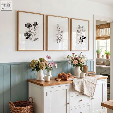 Three framed kitchen art wall decor prints featuring french country botanical ivory grey floral designs in light wood frames