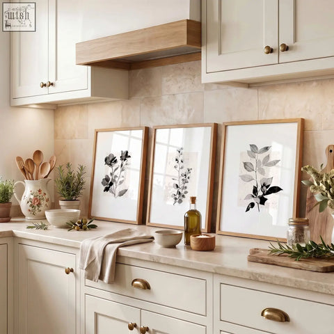 Three framed kitchen art wall prints featuring minimalist black and grey botanical ink illustrations in light wood frames