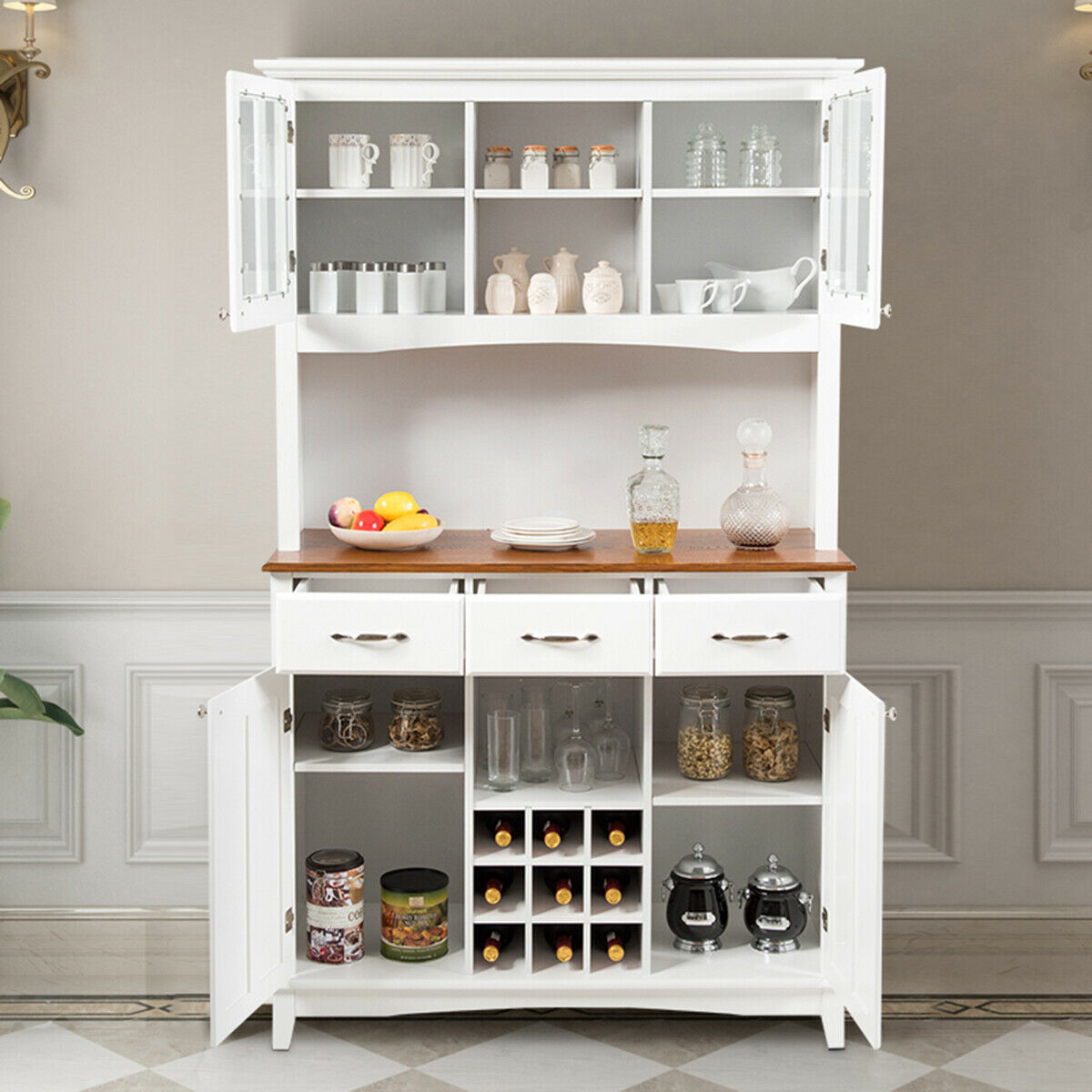 White painted wooden kitchen cupboard with glass doors, warm wood top, adjustable shelf, and drawers for storage