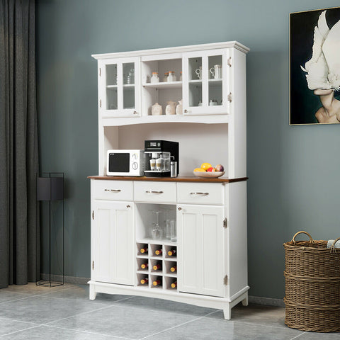 White painted wooden kitchen cupboard with glass doors drawers wine rack and 3-position adjustable shelves