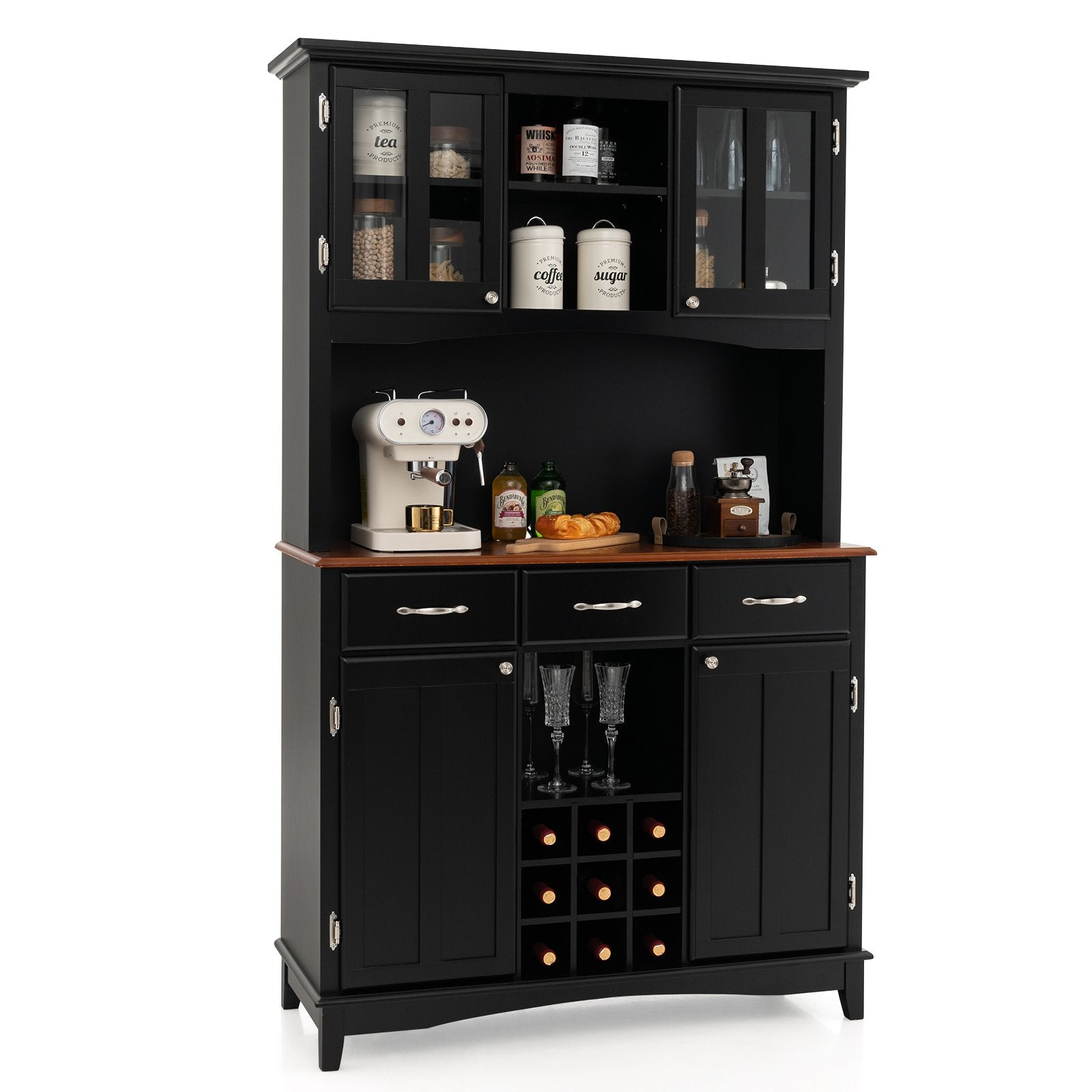 Black wooden kitchen cupboard with glass doors, lower drawers, wine rack, and 3-position adjustable shelves