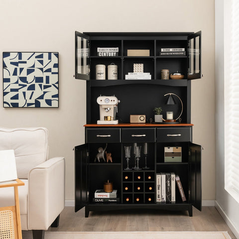 Black kitchen cupboard with glass doors wooden top and 3-position adjustable shelves for storage and display