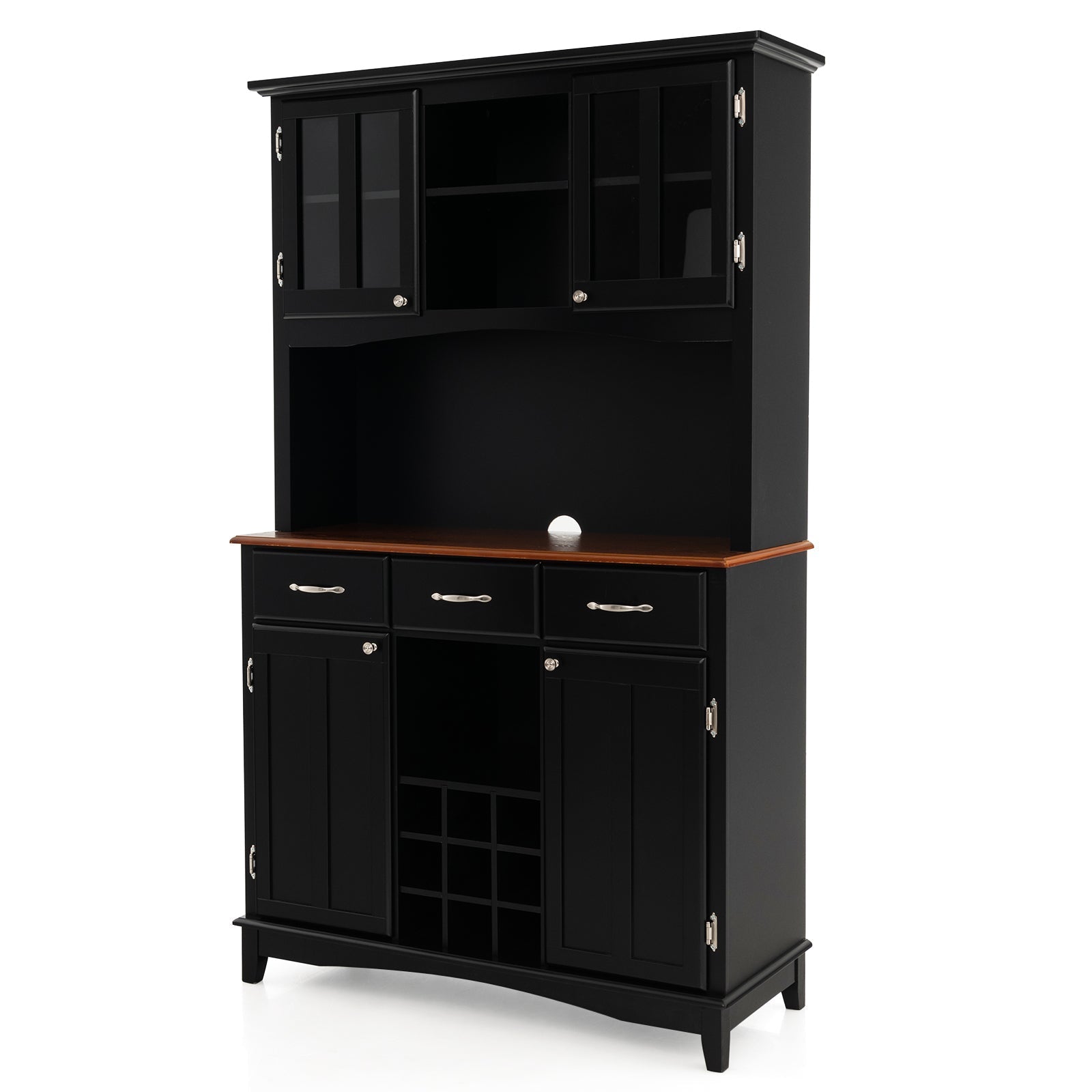 Black kitchen cupboard with warm wood countertop glass-paneled doors and 3-position adjustable shelves